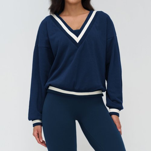 Color-blocked sports sweatshirt, V-neck, casual, loose, long-sleeved, fashionable sweatshirt, outdoor sports running top.
