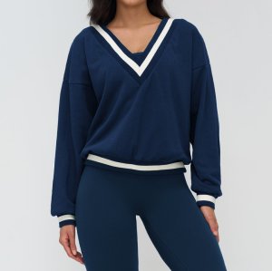 Color-blocked sports sweatshirt, V-neck, casual, loose, long-sleeved, fashionable sweatshirt, outdoor sports running top.