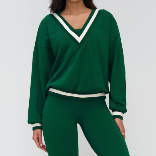 Color-blocked sports sweatshirt, V-neck, casual, loose, long-sleeved, fashionable sweatshirt, outdoor sports running top.