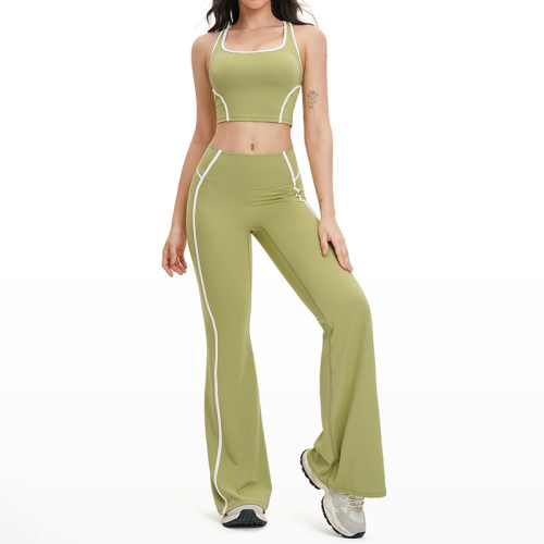 Contrast Trim Square-Neck Top & Flare Pants Active Set (2-Piece)