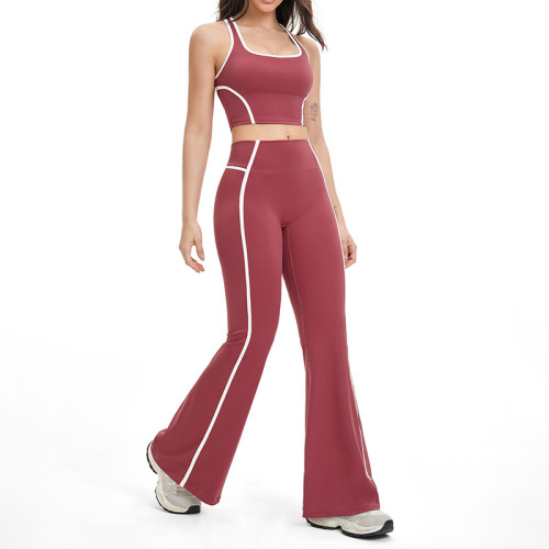 Contrast Trim Square-Neck Top & Flare Pants Active Set (2-Piece)