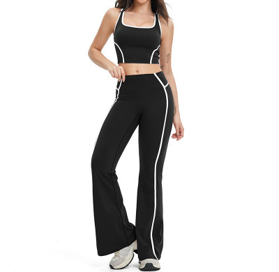 Contrast Trim Square-Neck Top & Flare Pants Active Set (2-Piece)