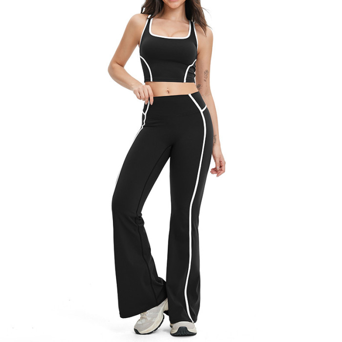 Contrast Trim Square-Neck Top & Flare Pants Active Set (2-Piece)