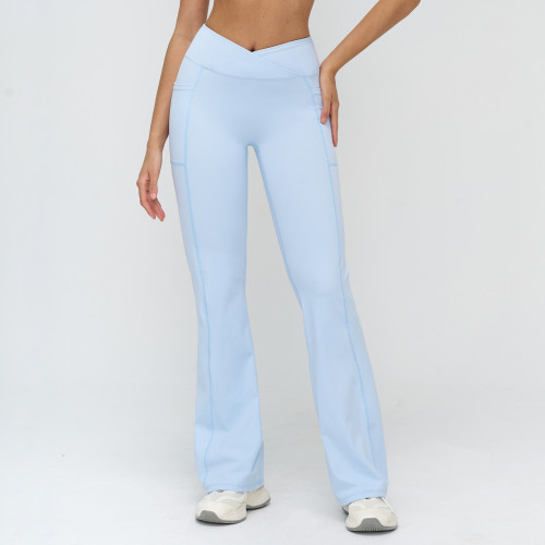 Cross-Over V-Waist Flare Leggings with Side Pockets