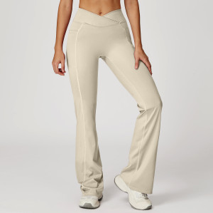 Cross-Over V-Waist Flare Leggings with Side Pockets