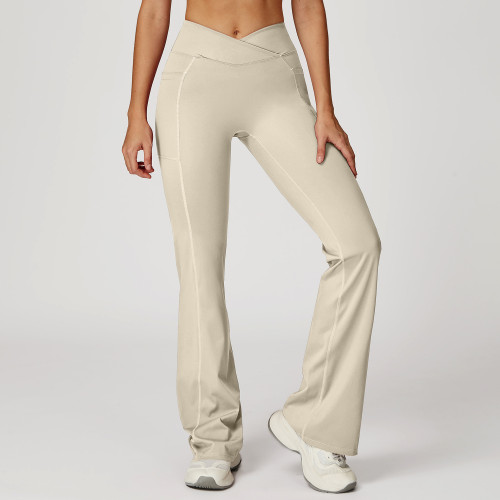 Cross-Over V-Waist Flare Leggings with Side Pockets