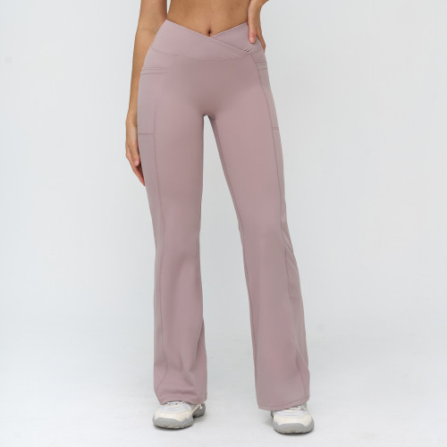 Cross-Over V-Waist Flare Leggings with Side Pockets