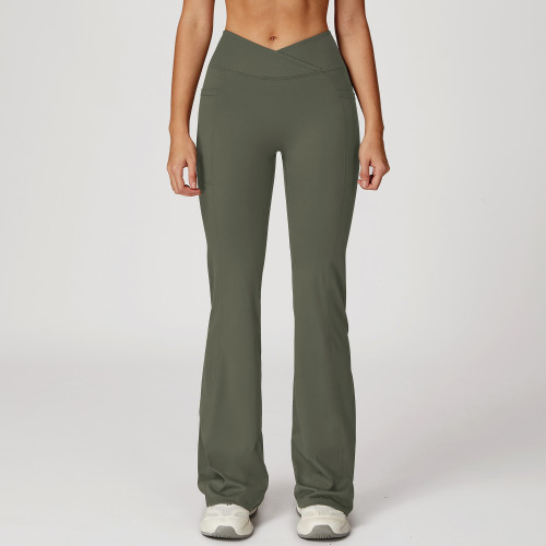 Cross-Over V-Waist Flare Leggings with Side Pockets