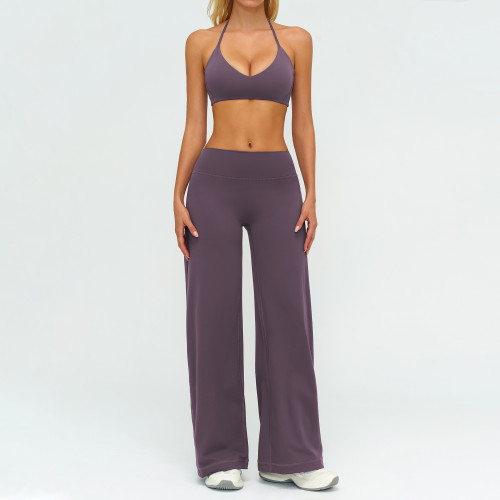 Halter Sports Bra & Wide-Leg Yoga Pants Set (2-Piece)