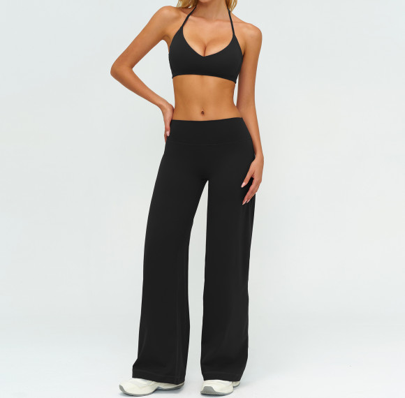 Halter Sports Bra & Wide-Leg Yoga Pants Set (2-Piece)