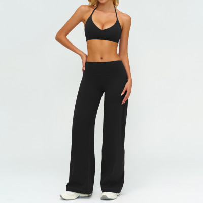 Halter Sports Bra & Wide-Leg Yoga Pants Set (2-Piece)