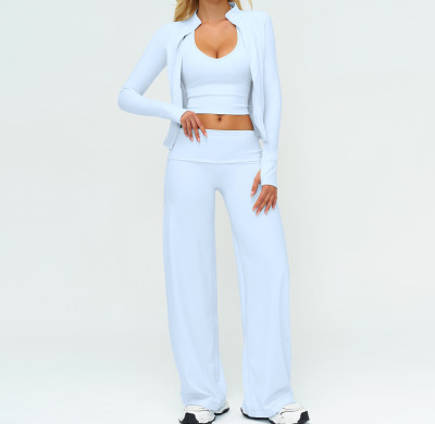 3-Piece Athleisure Set: Zip-Up Jacket, Sports Bra & Wide-Leg Pants