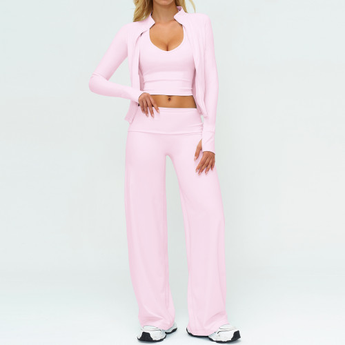 3-Piece Athleisure Set: Zip-Up Jacket, Sports Bra & Wide-Leg Pants