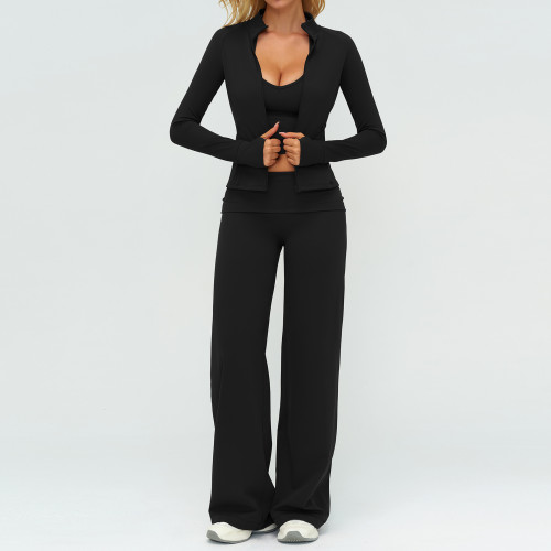 3-Piece Athleisure Set: Zip-Up Jacket, Sports Bra & Wide-Leg Pants
