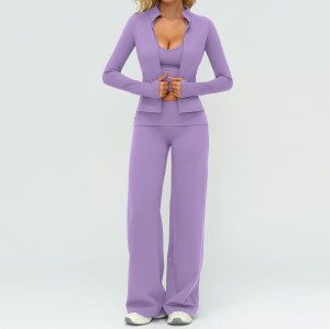 3-Piece Athleisure Set: Zip-Up Jacket, Sports Bra & Wide-Leg Pants