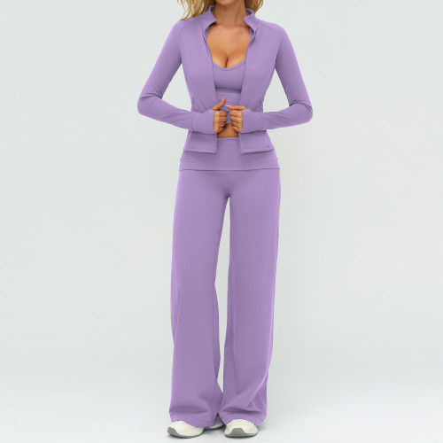3-Piece Athleisure Set: Zip-Up Jacket, Sports Bra & Wide-Leg Pants