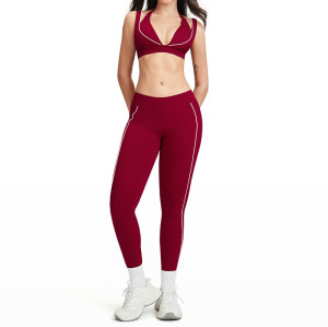 Contrast Trim Deep V Sports Bra & High-Waist Leggings Set (2-Piece)