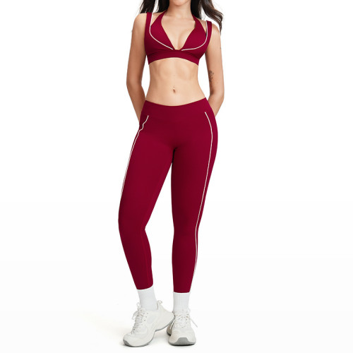 Contrast Trim Deep V Sports Bra & High-Waist Leggings Set (2-Piece)