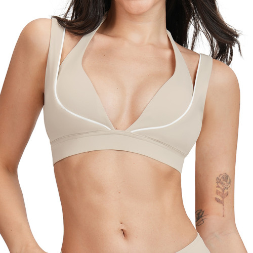 Contrast Trim Deep V Halter Sports Bra