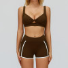 Customized Twist Front V-Neck Sports Bra with High-Waist Contrast Shorts Set | OEM and ODM Manufacturing for Activewear | Wholesale Solutions for Brands and Retailers
