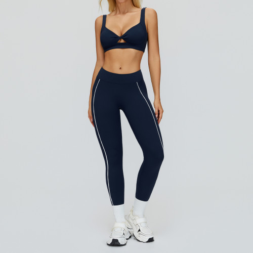 Twist Front V-Neck Sports Bra & High-Waist Piping Leggings Set
