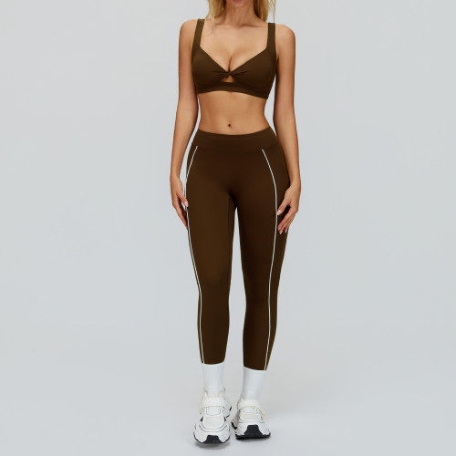 Twist Front V-Neck Sports Bra & High-Waist Piping Leggings Set