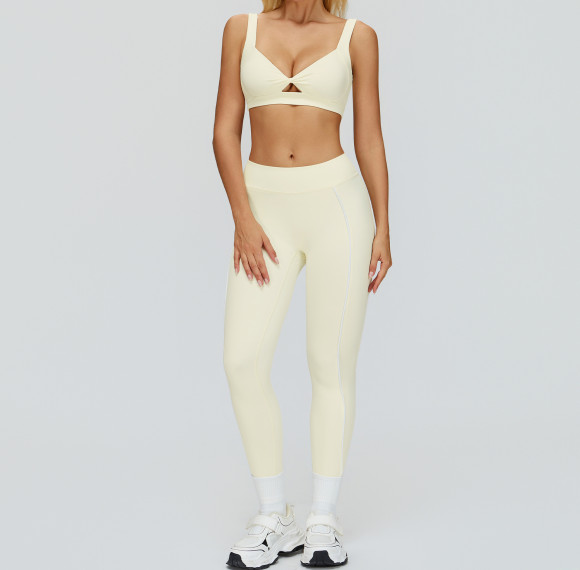Twist Front V-Neck Sports Bra & High-Waist Piping Leggings Set