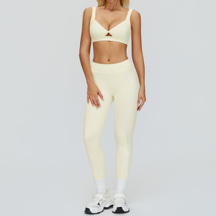 Twist Front V-Neck Sports Bra & High-Waist Piping Leggings Set