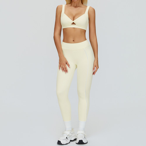 Twist Front V-Neck Sports Bra & High-Waist Piping Leggings Set