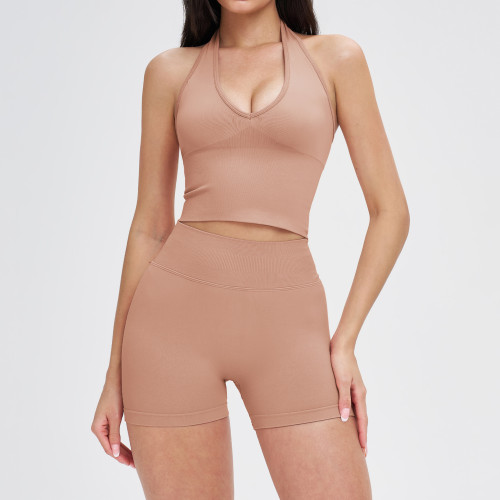 Halter V-Neck Cutout Tank & High-Waist Biker Short Set (2-Piece)