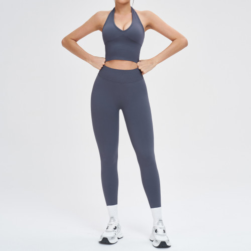 Halter V-Neck Cutout Tank & High-Waist Legging Set (2-Piece)