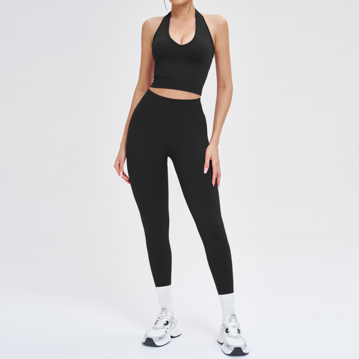Halter V-Neck Cutout Tank & High-Waist Legging Set (2-Piece)
