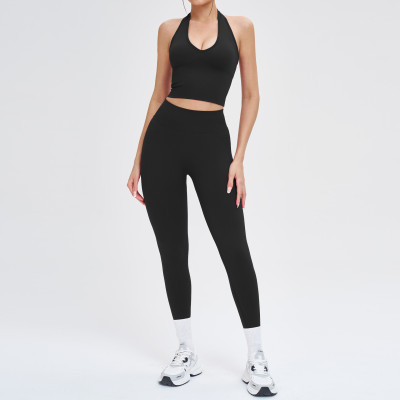 Halter V-Neck Cutout Tank & High-Waist Legging Set (2-Piece)