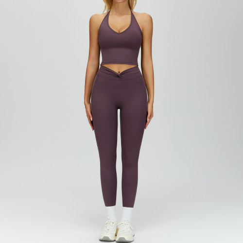 Halter V-Neck Crop Tank & Ruched High-Waist Leggings Set