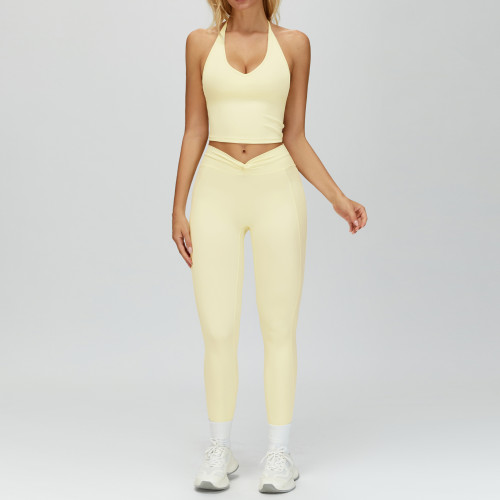 Halter V-Neck Crop Tank & Ruched High-Waist Leggings Set