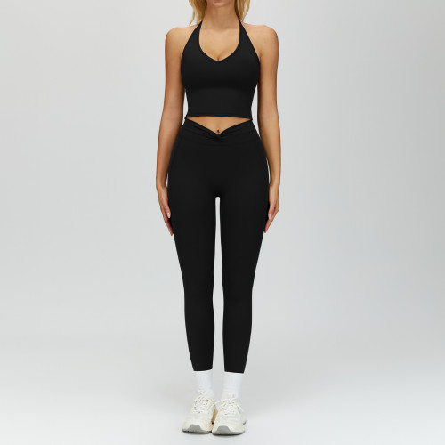 Halter V-Neck Crop Tank & Ruched High-Waist Leggings Set