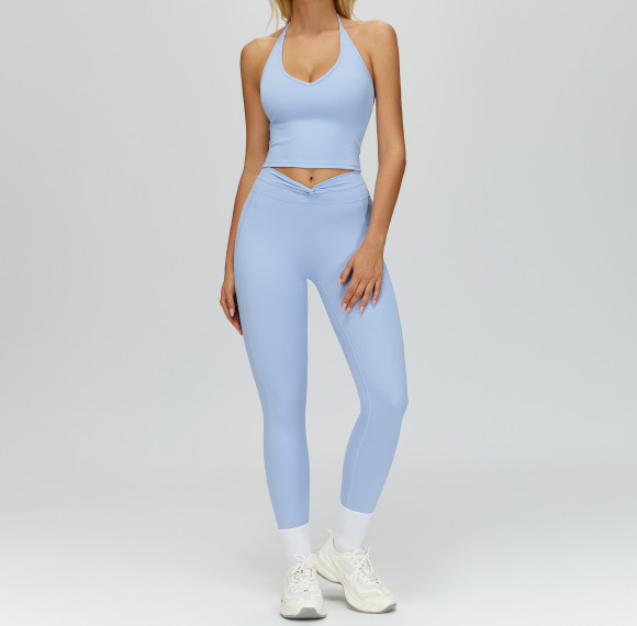 Halter V-Neck Crop Tank & Ruched High-Waist Leggings Set