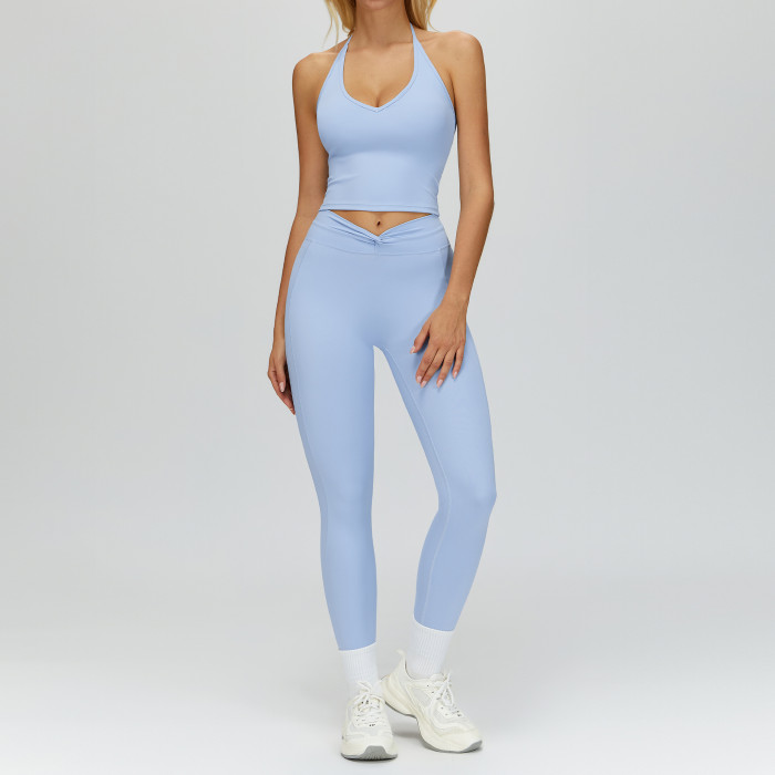Halter V-Neck Crop Tank & Ruched High-Waist Leggings Set