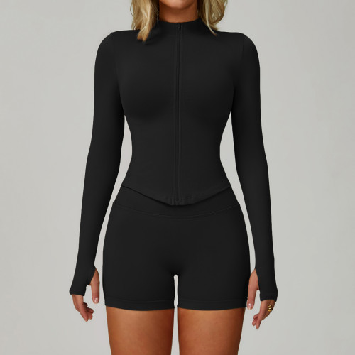 Seamless Zip-Up Long Sleeve Top & High-Waist Biker Shorts Set