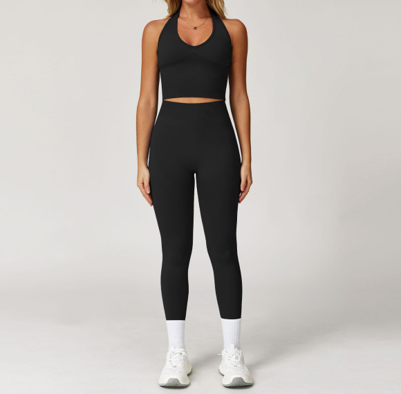 Halter V-Neck Longline Yoga Tank & High-Waist Leggings Set