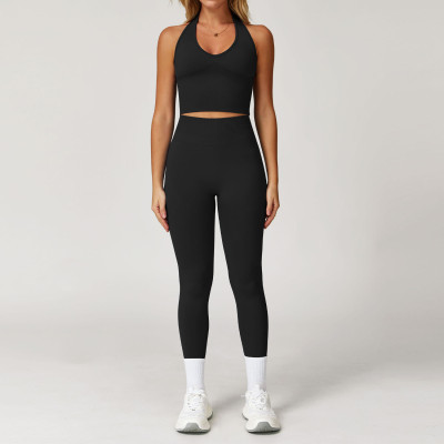 Halter V-Neck Longline Yoga Tank & High-Waist Leggings Set