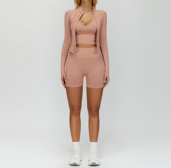 Seamless Zip Jacket & High-Waist Biker Shorts 3-Piece Workout Set