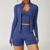 Seamless Zip Jacket & High-Waist Biker Shorts 3-Piece Workout Set