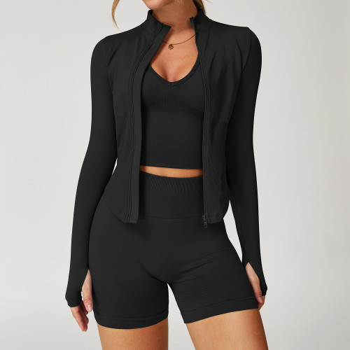 Seamless Zip Jacket & High-Waist Biker Shorts 3-Piece Workout Set