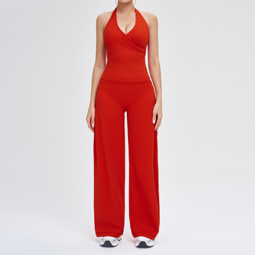 Halter Wrap Tank & High-Waist Wide-Leg Pants Set