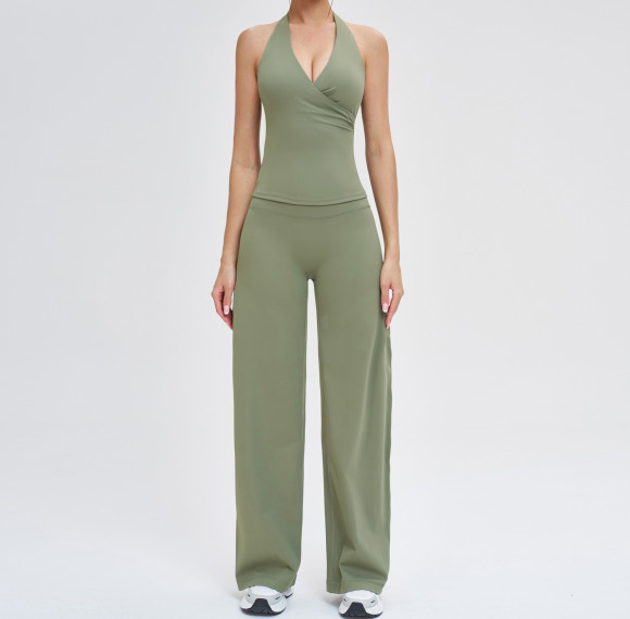 Halter Wrap Tank & High-Waist Wide-Leg Pants Set