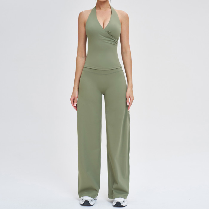 Halter Wrap Tank & High-Waist Wide-Leg Pants Set