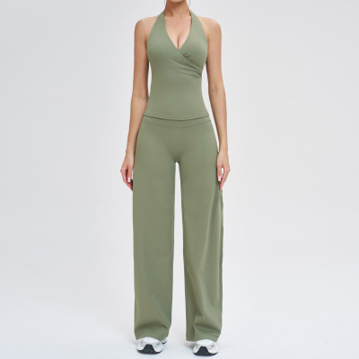 Halter Wrap Tank & High-Waist Wide-Leg Pants Set