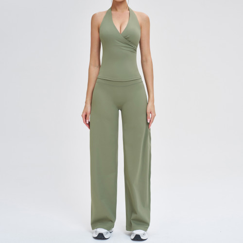 Halter Wrap Tank & High-Waist Wide-Leg Pants Set