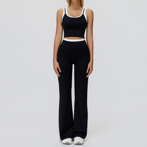 Contrast Trim Crop Tank & High-Waist Flare Pants Set